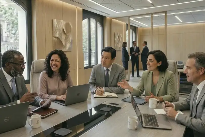 Legal advisors discussing investment and business structuring with international investors in Spain